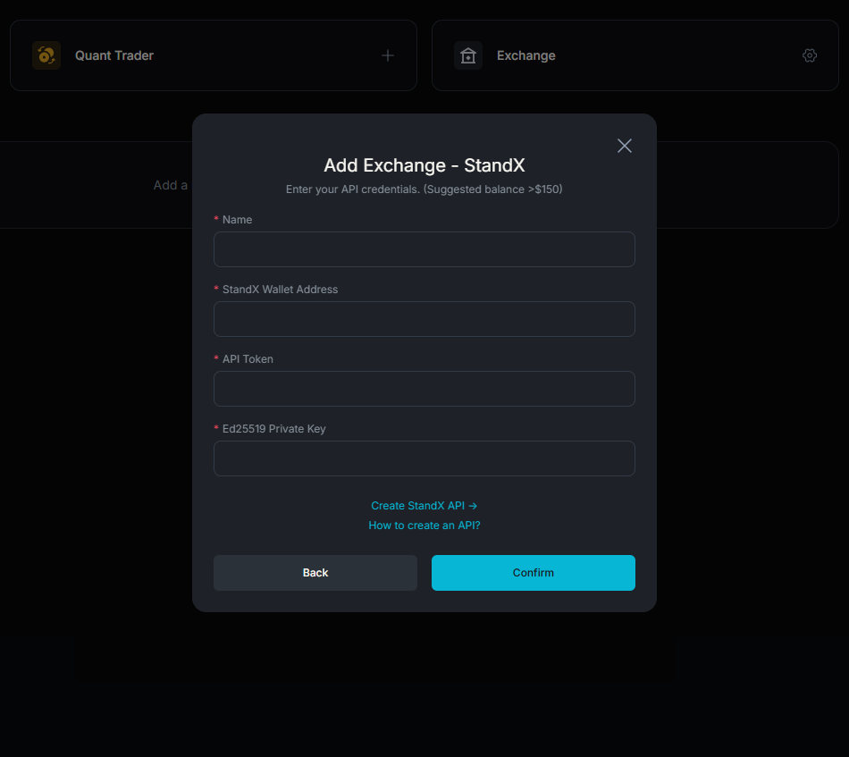 TacoのAdd Exchange StandX API登録画面