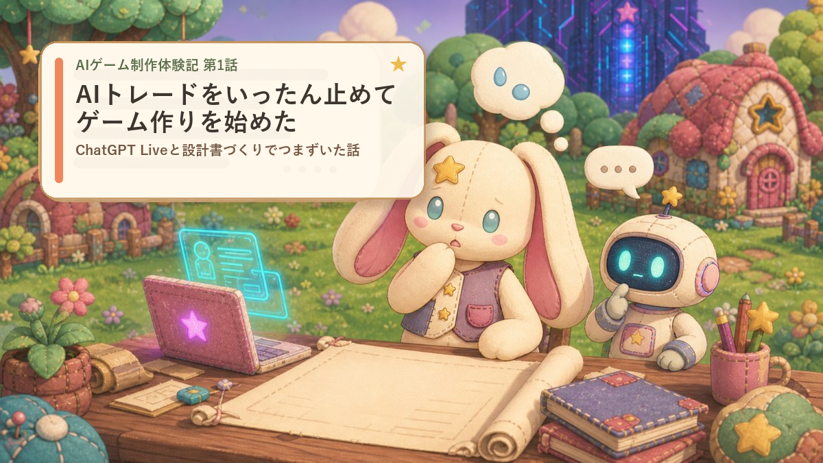 AIゲーム制作体験記 第1話 AIトレード検証待ちからゲーム制作を始めた文字入りアイキャッチ