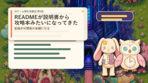 AIゲーム制作体験記 第4話 READMEが説明書から攻略本みたいに育つ文字入りアイキャッチ