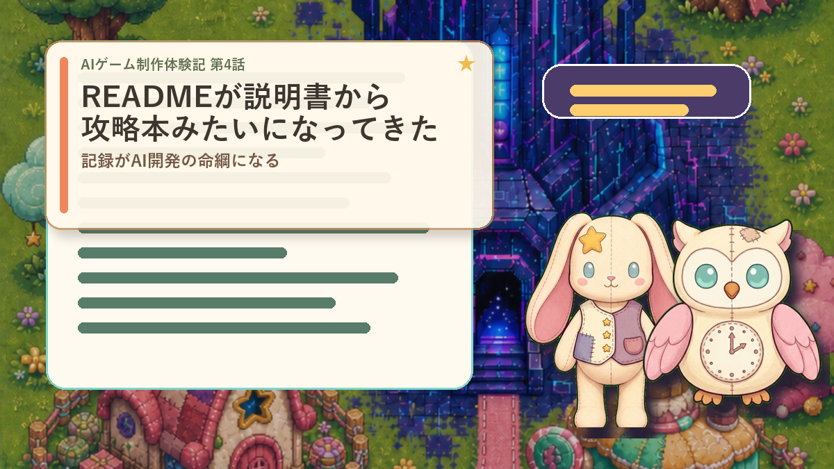 AIゲーム制作体験記 第4話 READMEが説明書から攻略本みたいに育つ文字入りアイキャッチ