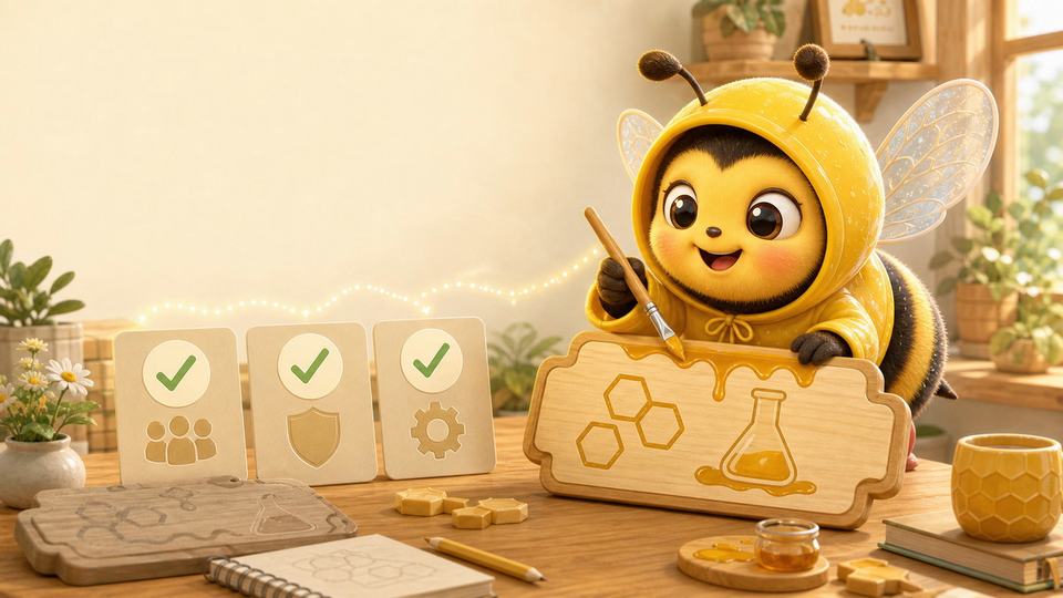 公式から届いた3つの条件を確認してサイト名を考えるミツバチ